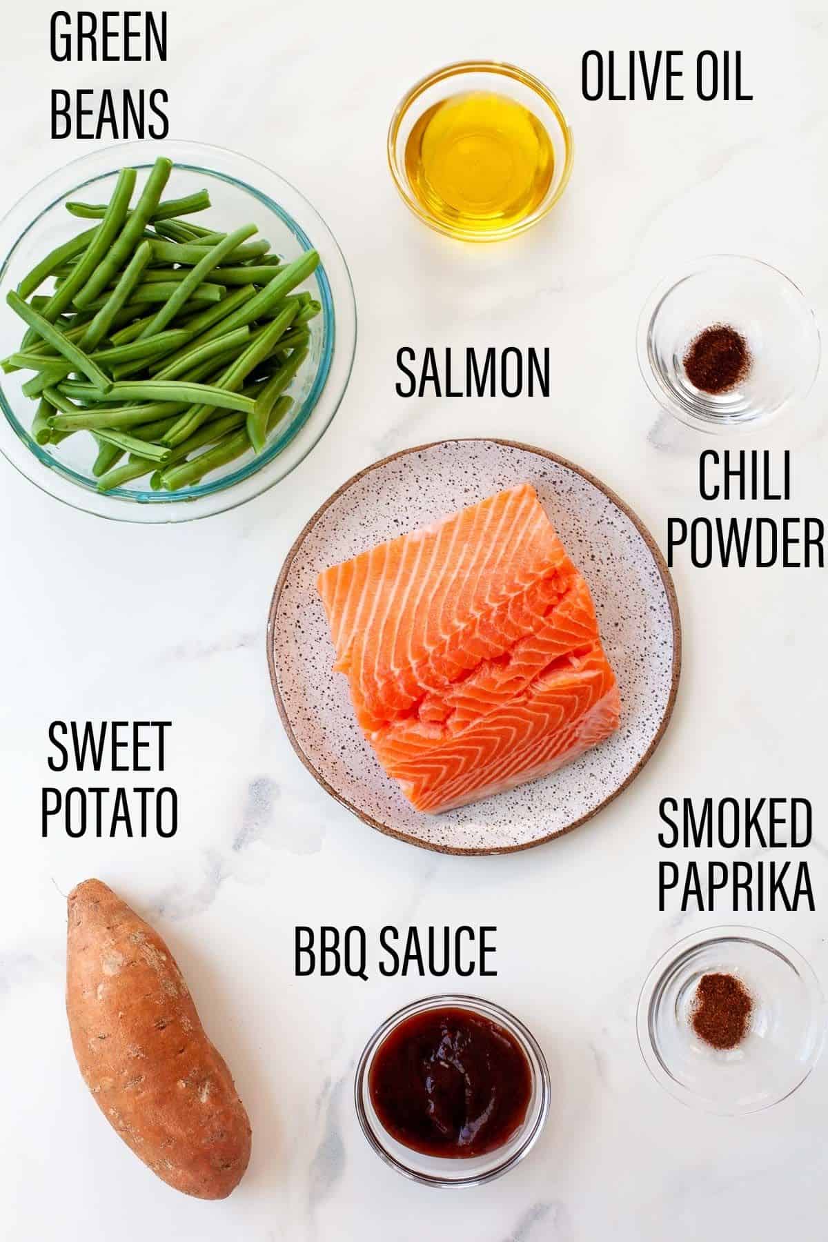 ingredients. on marble countertop. labeled.