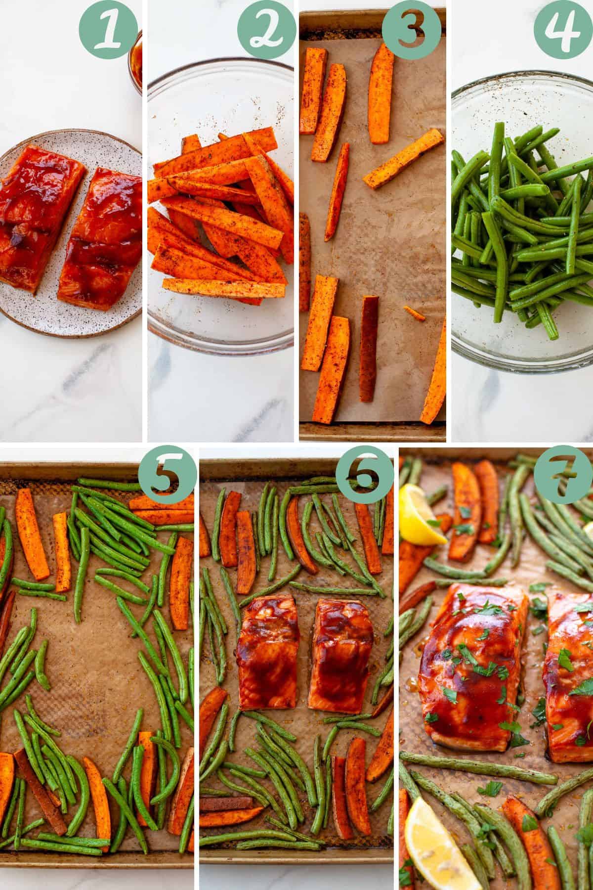 brush salmon. coat sweet potatoes. put sweet potatoes on pan. coat green beans. add to pan. add salmon in middle of pan. cook.