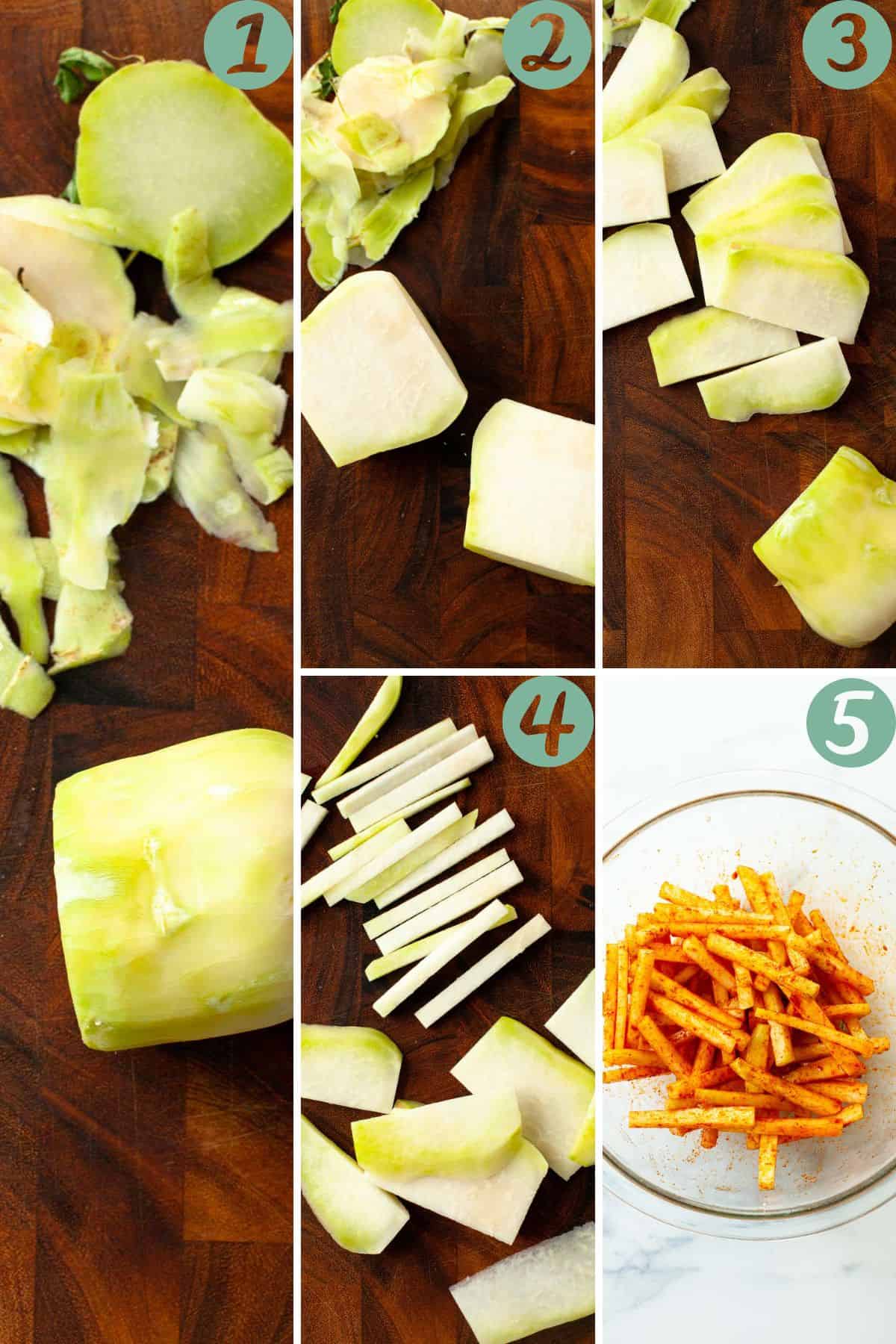 1. Remove the outer peel. 2. Cut in half. 3.Slice vertically, 1/2-in. 4. Cut slices into 1/2-in matchsticks. 5. Toss with spices and oil.