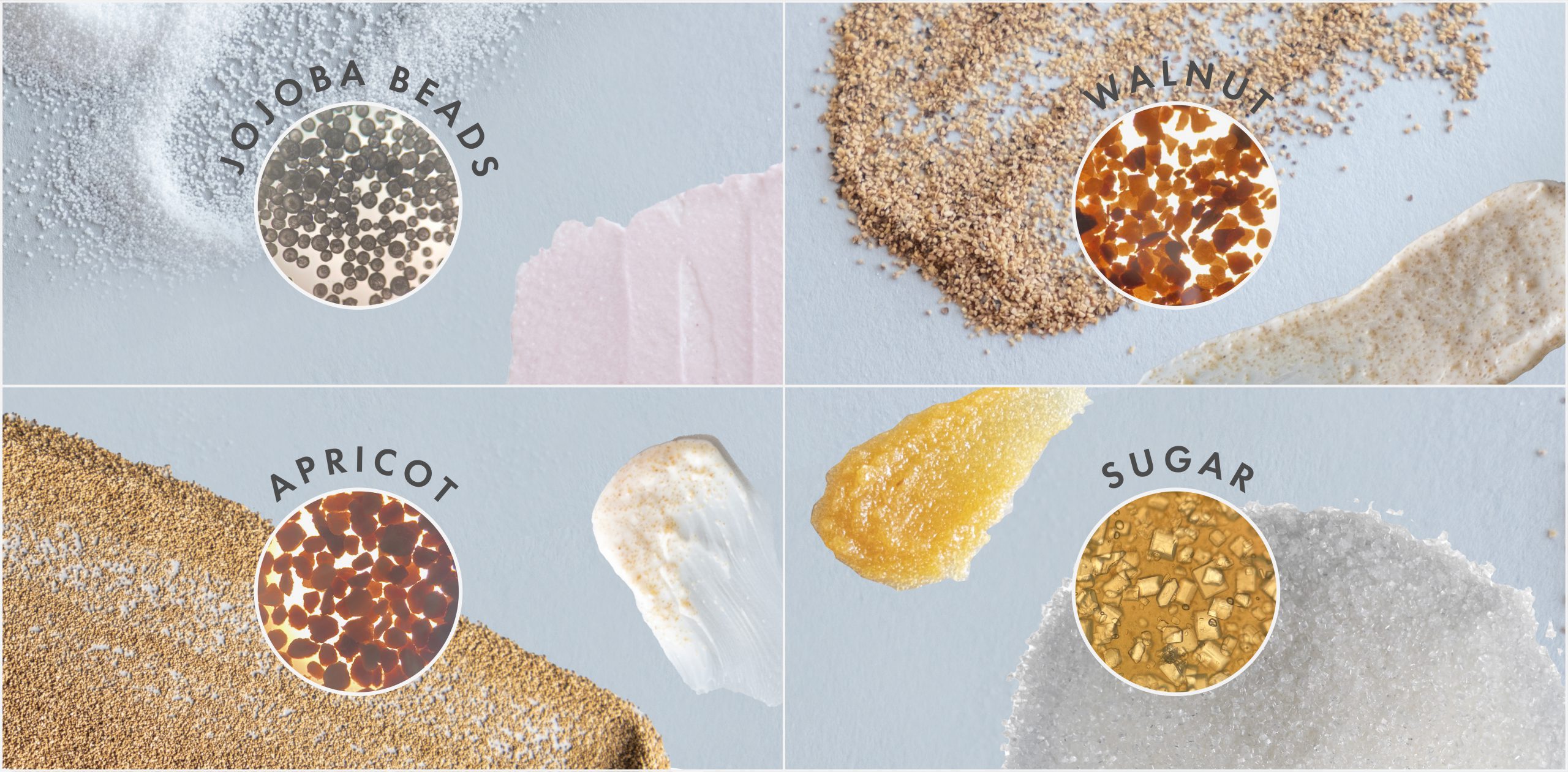 Jojoba beads and other physical exfoliants in microscopic view