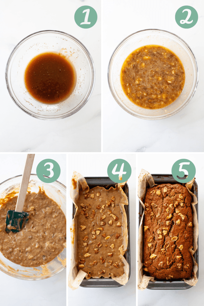 oat flour banana bread step by step photos on white marble background