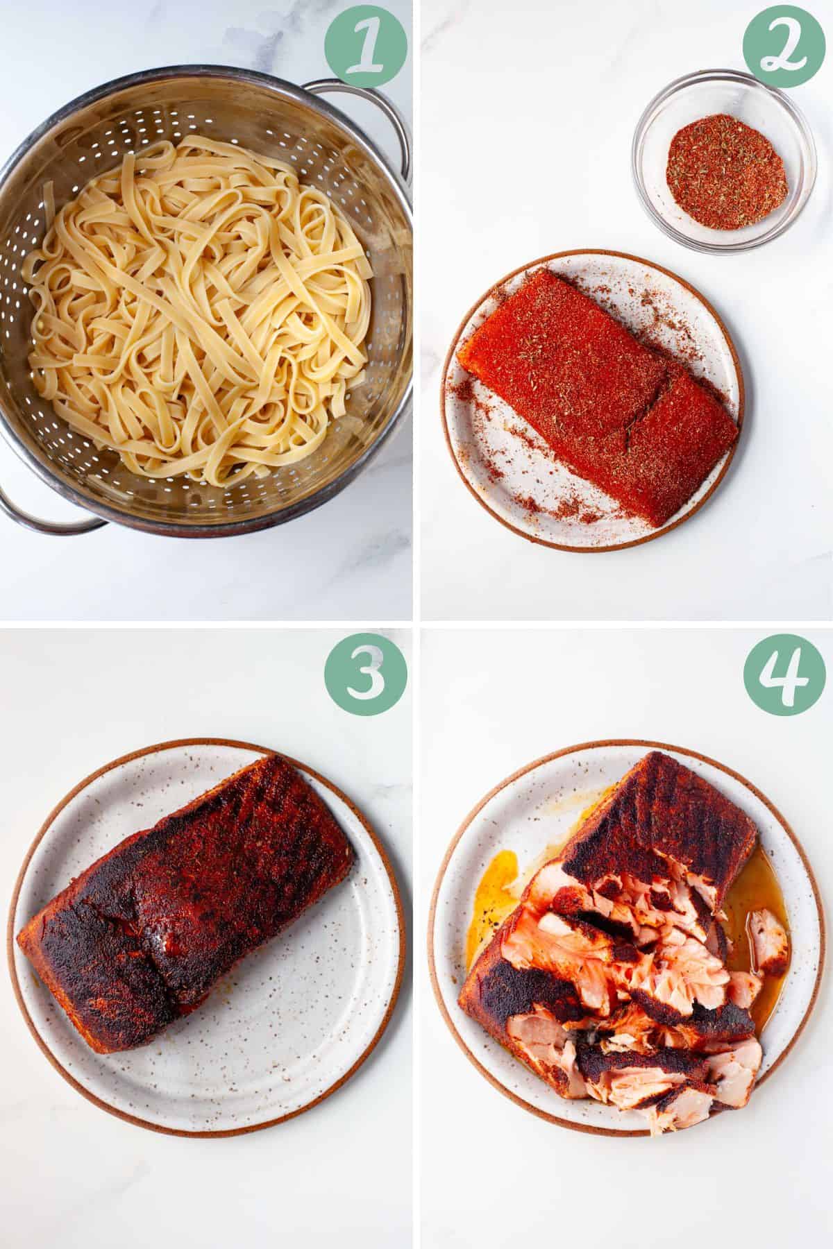 step by step graphic of how to make blackened salmon pasta; steps 1-4.