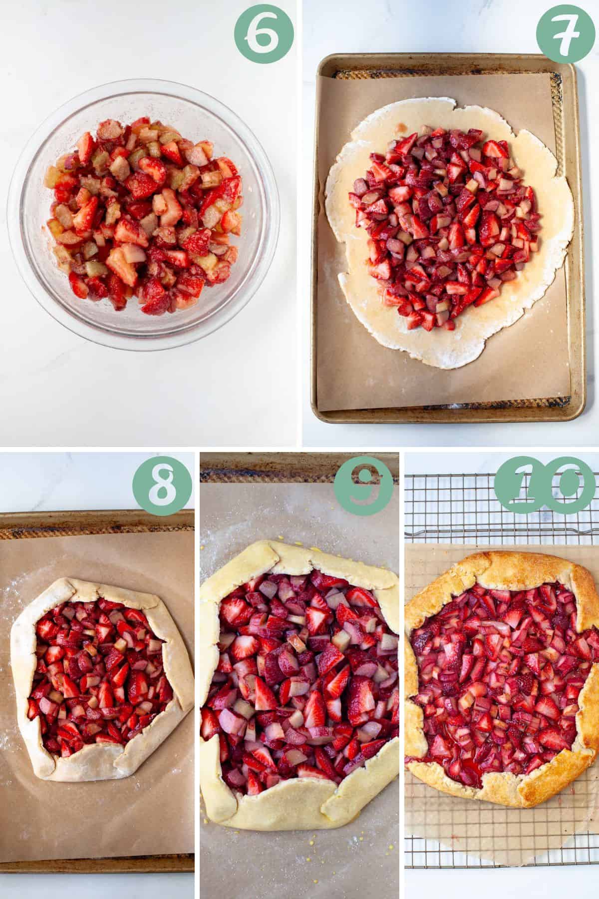 step by step graphic of how to make strawberry rhubarb galette; steps 5-10.